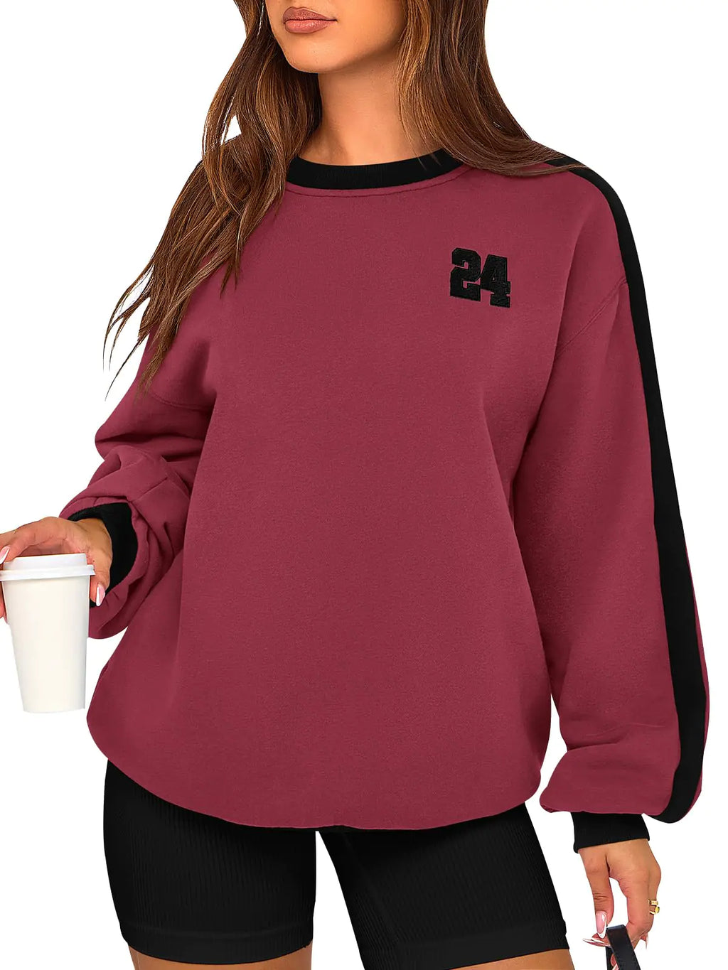 Chic Oversized Graphic Sweatshirt for Women - Wine Red