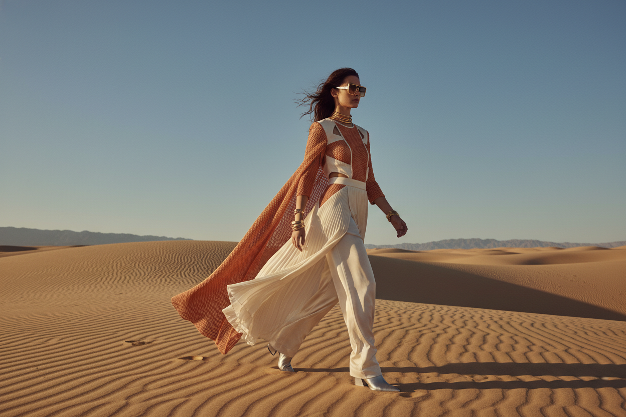 A video whit a girl in a desert walking in stilish clothes