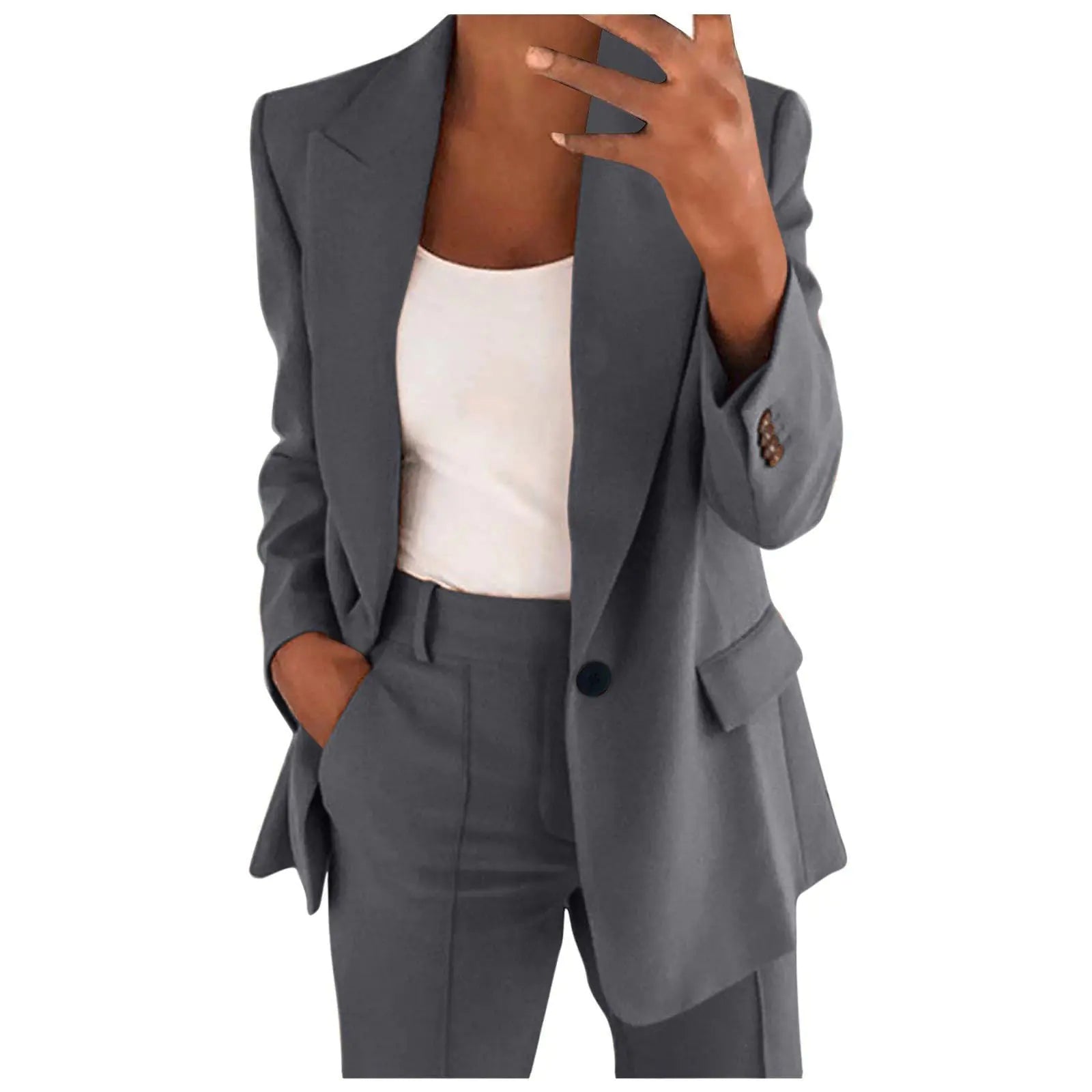 Business Casual Outfits für Damen: Professioneller Hosenanzug, 2-teiliger Büroanzug, Blazer-Set, eleganter Hosenanzug mit weitem Bein, modisches Outfit in Dunkelgrau