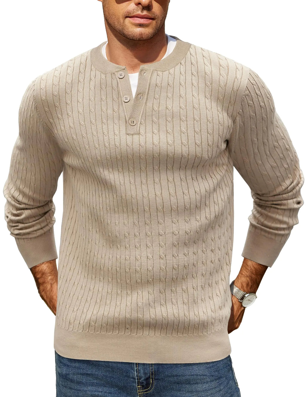 COOFANDY Herren Henley Langarmpullover, Rundhalsausschnitt, Slim Fit, Khaki